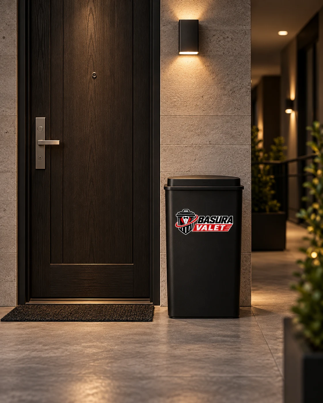 A Basura Valet trash container beside a warmly lit modern apartment door